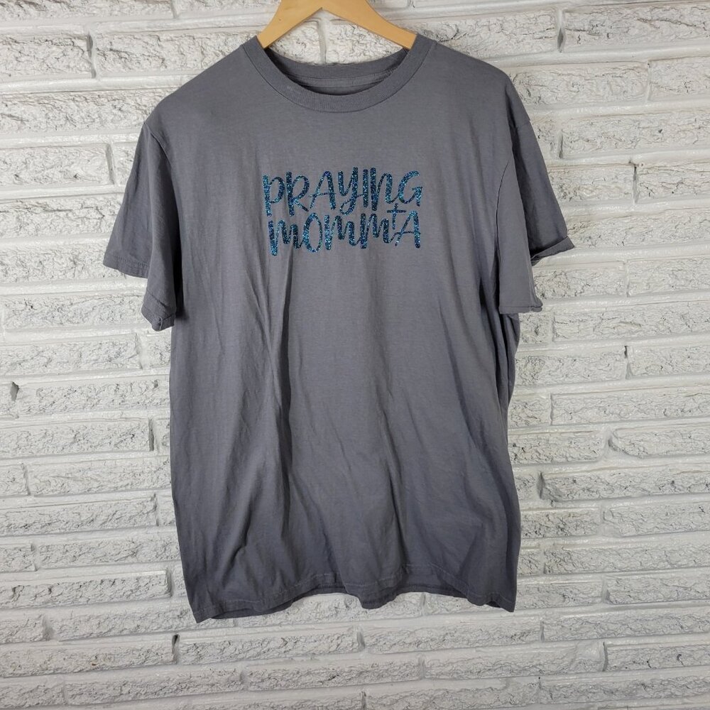 Womens Top XL Tee Short Sleeve Gray Praying Mama Glitter Christian GRA62E‎